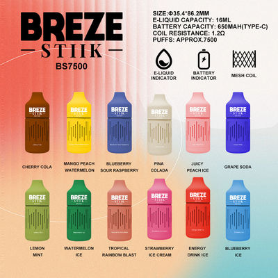 BREZE STIIK BS7500 Vapor jetable Grand bouffé 16 ml Jus pré-rempli 650mAh Batterie