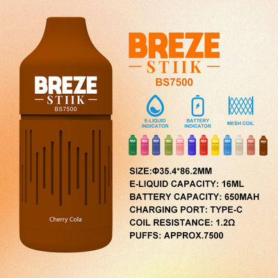 BREZE STIIK BS7500 Vapor jetable Grand bouffé 16 ml Jus pré-rempli 650mAh Batterie